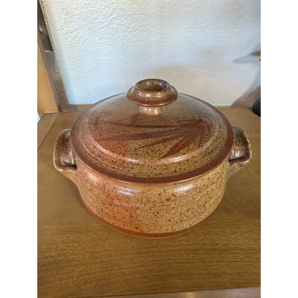 Vintage Handmade Studio Pottery Casserole Dish with Lid Bamboo Leaf SIGNED